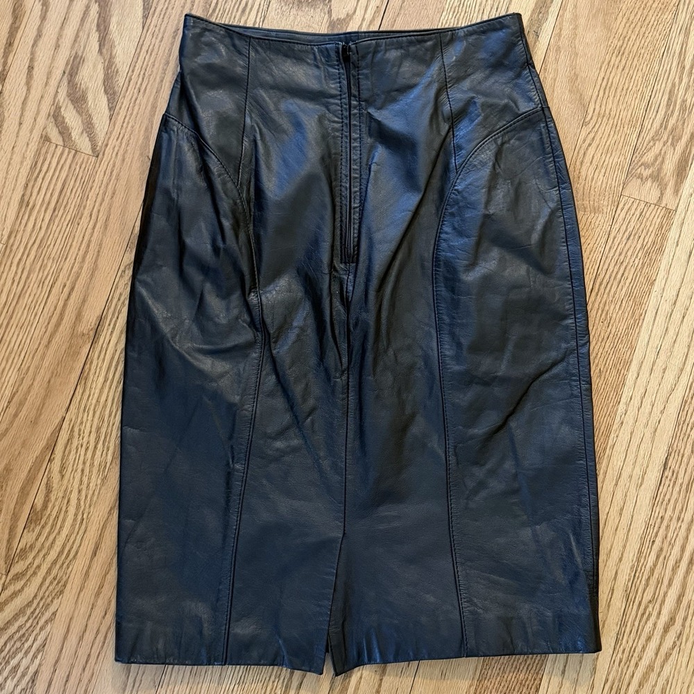 Byrne & Baker Black Leather Pencil Skirt 10 Vintage 90s Office Siren Grunge Goth - Picture 2 of 7